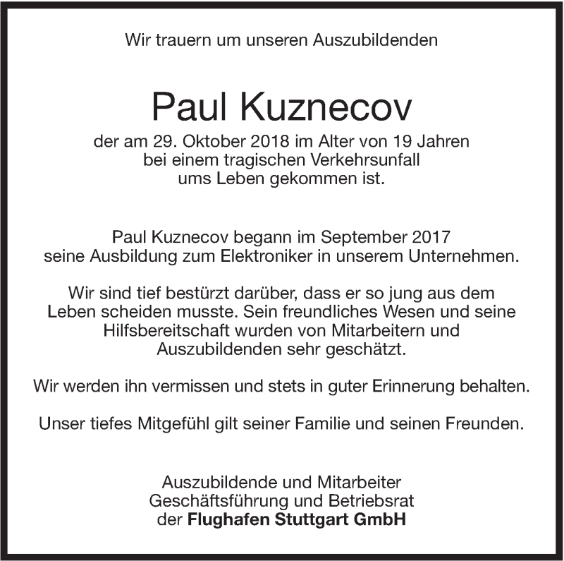  Traueranzeige für Paul Kuznecov vom 10.11.2018 aus Leonberger Kreiszeitung / Strohgäu Extra