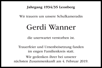 Traueranzeige von Gerdi Wanner von Leonberger Kreiszeitung / Strohgäu Extra