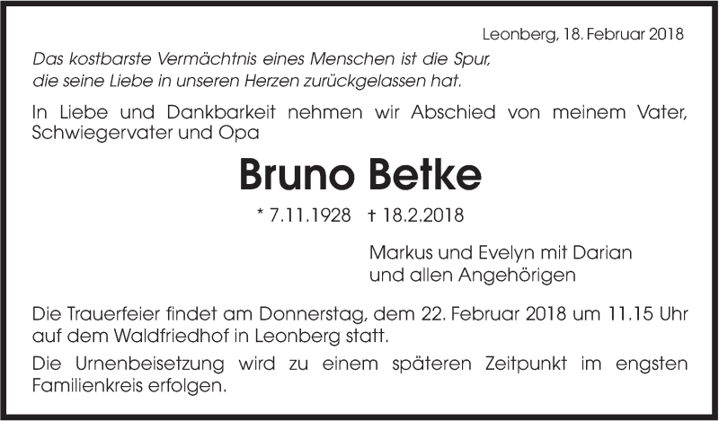  Traueranzeige für Bruno Betke vom 20.02.2018 aus Leonberger Kreiszeitung / Strohgäu Extra