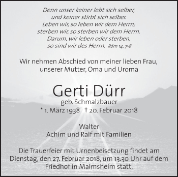 Traueranzeige von Gerti Dürr von Leonberger Kreiszeitung / Strohgäu Extra