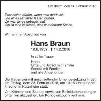 Traueranzeige von Hans Braun von Leonberger Kreiszeitung / Strohgäu Extra
