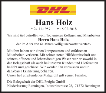 Traueranzeige von Hans Holz von Leonberger Kreiszeitung / Strohgäu Extra