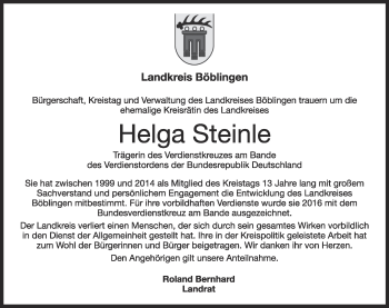 Traueranzeige von Helga Steinle von Leonberger Kreiszeitung / Strohgäu Extra