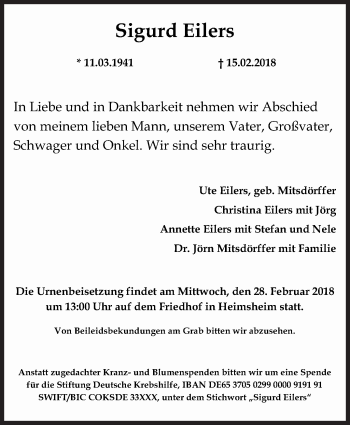Traueranzeige von Sigurd Eilers von Leonberger Kreiszeitung / Strohgäu Extra