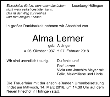 Traueranzeige von Alma Lerner von Leonberger Kreiszeitung / Strohgäu Extra