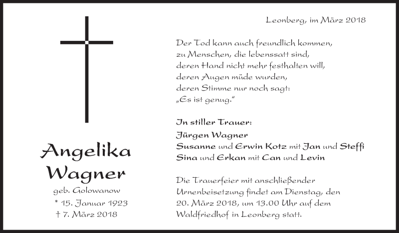  Traueranzeige für Angelika Wagner vom 15.03.2018 aus Leonberger Kreiszeitung / Strohgäu Extra