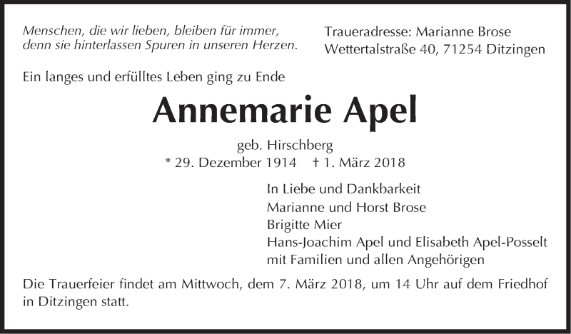  Traueranzeige für Annemarie Apel vom 03.03.2018 aus Leonberger Kreiszeitung / Strohgäu Extra