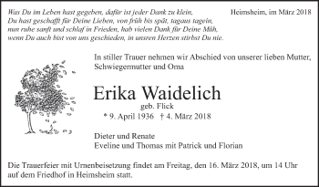Traueranzeige von Erika Waidelich von Leonberger Kreiszeitung / Strohgäu Extra