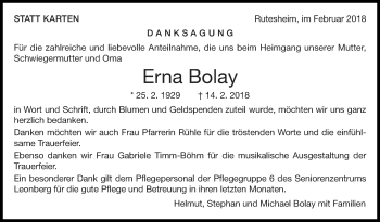 Traueranzeige von Erna Bolay von Leonberger Kreiszeitung / Strohgäu Extra