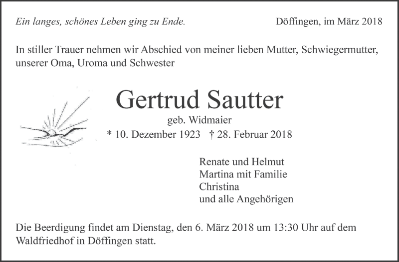  Traueranzeige für Gertrud Sautter vom 03.03.2018 aus Leonberger Kreiszeitung / Strohgäu Extra
