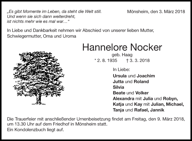  Traueranzeige für Hannelore Nocker vom 07.03.2018 aus Leonberger Kreiszeitung / Strohgäu Extra
