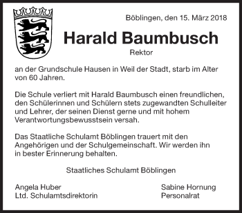 Traueranzeige von Harald Baumbusch von Leonberger Kreiszeitung / Strohgäu Extra