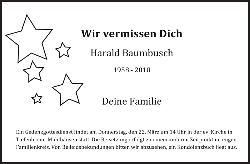  Traueranzeige für Harald Baumbusch vom 20.03.2018 aus Leonberger Kreiszeitung / Strohgäu Extra