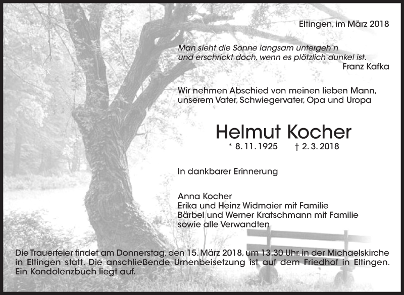  Traueranzeige für Helmut Kocher vom 10.03.2018 aus Leonberger Kreiszeitung / Strohgäu Extra