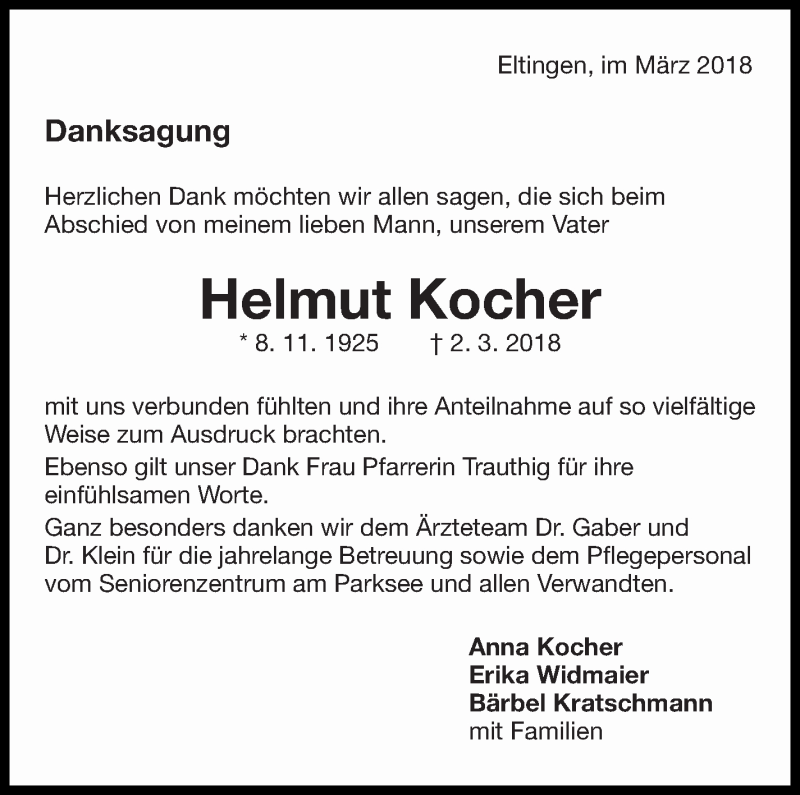  Traueranzeige für Helmut Kocher vom 24.03.2018 aus Leonberger Kreiszeitung / Strohgäu Extra