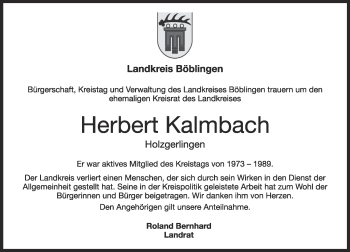 Traueranzeige von Herbert Kalmbach von Leonberger Kreiszeitung / Strohgäu Extra