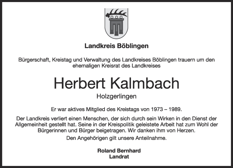  Traueranzeige für Herbert Kalmbach vom 20.03.2018 aus Leonberger Kreiszeitung / Strohgäu Extra