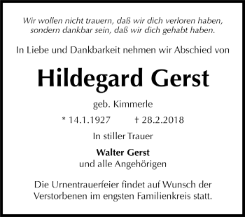 Traueranzeige von Hildegard Gerst von Leonberger Kreiszeitung / Strohgäu Extra