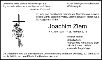 Traueranzeige von Joachim Ziem von Leonberger Kreiszeitung / Strohgäu Extra