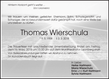Traueranzeige von Thomas Wierschula von Leonberger Kreiszeitung / Strohgäu Extra
