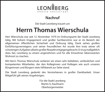 Traueranzeige von Thomas Wierschula von Leonberger Kreiszeitung / Strohgäu Extra