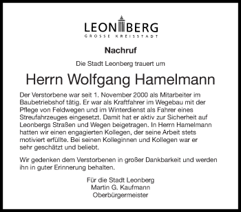 Traueranzeige von Wolfgang Hamelmann von Leonberger Kreiszeitung / Strohgäu Extra