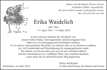 Traueranzeige von Erika Waidelich von Leonberger Kreiszeitung / Strohgäu Extra