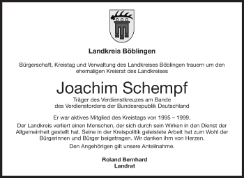 Traueranzeige von Joachim Schempf von Leonberger Kreiszeitung / Strohgäu Extra