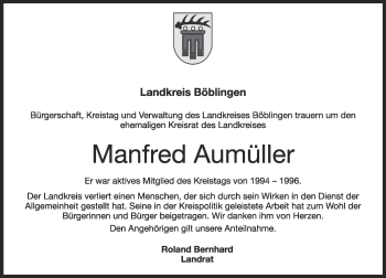 Traueranzeige von Manfred Aumüller von Leonberger Kreiszeitung / Strohgäu Extra
