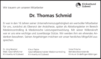 Traueranzeige von Thomas Schmid von Leonberger Kreiszeitung / Strohgäu Extra