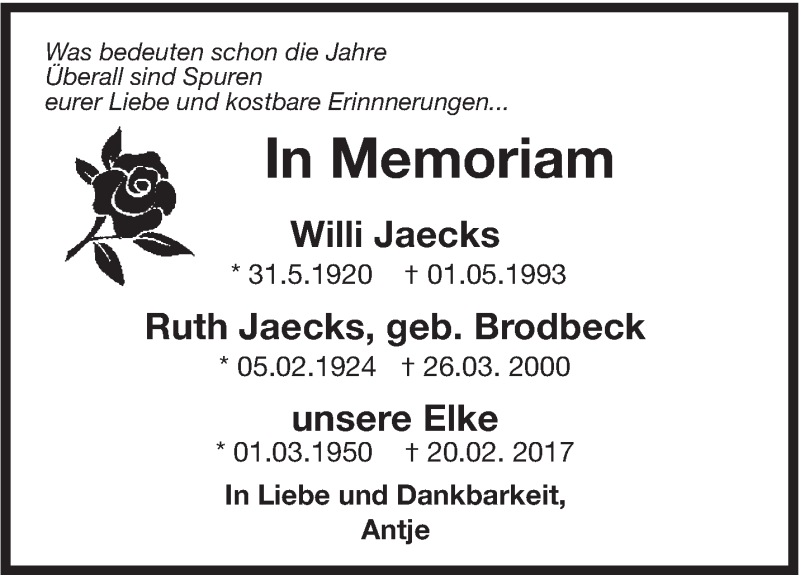  Traueranzeige für Willi, Ruth und Elke  vom 30.05.2018 aus Leonberger Kreiszeitung / Strohgäu Extra