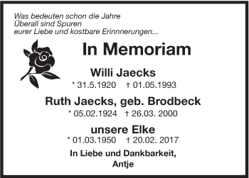 Traueranzeige von Willi, Ruth und Elke  von Leonberger Kreiszeitung / Strohgäu Extra
