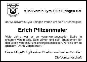Traueranzeige von Erich Pfitzenmaier von Leonberger Kreiszeitung / Strohgäu Extra