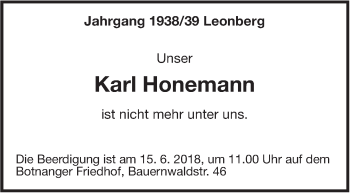 Traueranzeige von Karl Honemann von Leonberger Kreiszeitung / Strohgäu Extra