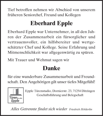 Traueranzeige von Eberhard Epple von Leonberger Kreiszeitung / Strohgäu Extra