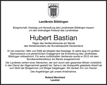 Traueranzeige von Hubert Bastian von Leonberger Kreiszeitung / Strohgäu Extra
