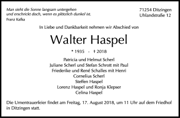 Traueranzeige von Walter Haspel von Leonberger Kreiszeitung / Strohgäu Extra