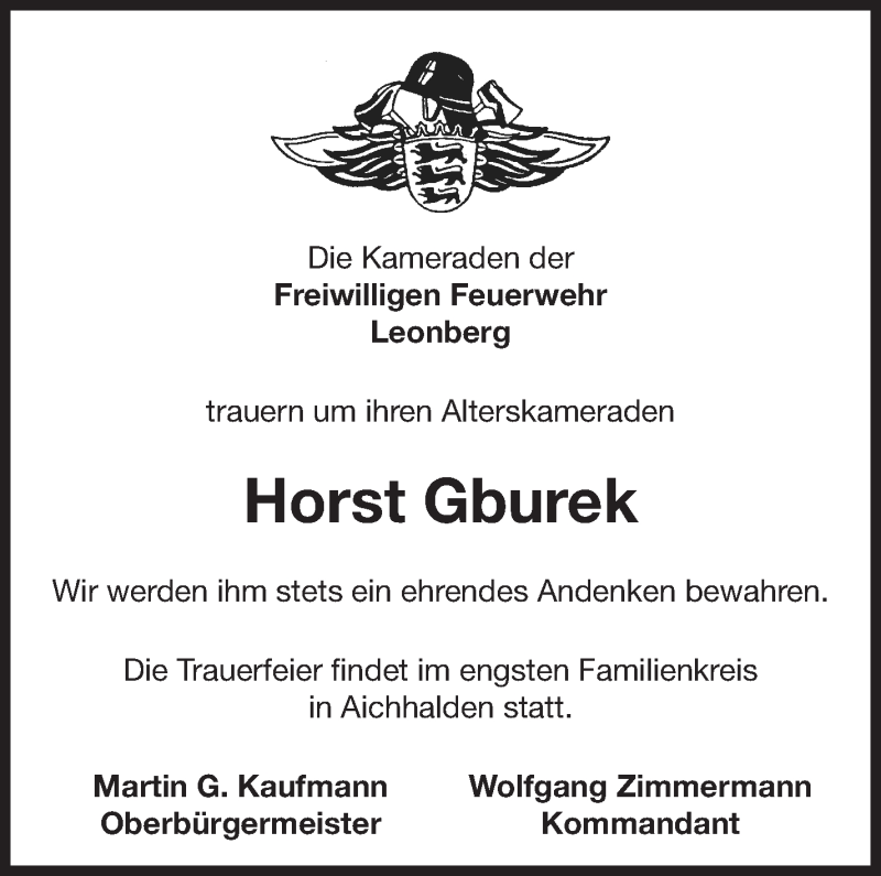  Traueranzeige für Horst Gburek vom 05.09.2018 aus Leonberger Kreiszeitung / Strohgäu Extra