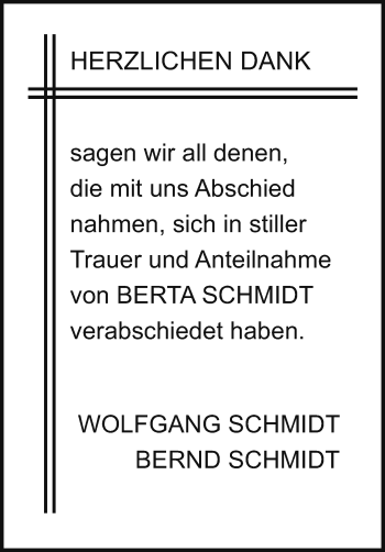 Traueranzeige von Berta Schmidt von Leonberger Kreiszeitung / Strohgäu Extra