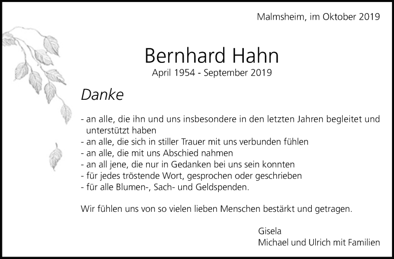  Traueranzeige für Bernhard Hahn vom 10.10.2019 aus Leonberger Kreiszeitung / Strohgäu Extra