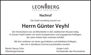 Traueranzeige von Günter Veyhl von Leonberger Kreiszeitung / Strohgäu Extra