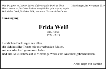 Traueranzeige von Frida Weiß von Leonberger Kreiszeitung / Strohgäu Extra