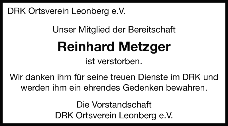  Traueranzeige für Reinhard Metzger vom 05.11.2019 aus Leonberger Kreiszeitung / Strohgäu Extra
