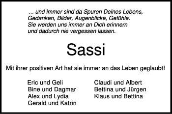 Traueranzeige von Sassi  von Leonberger Kreiszeitung / Strohgäu Extra