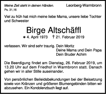 Traueranzeige von Birge Altschäffl von Leonberger Kreiszeitung / Strohgäu Extra