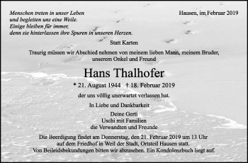 Traueranzeige von Hans Thalhofer von Leonberger Kreiszeitung / Strohgäu Extra