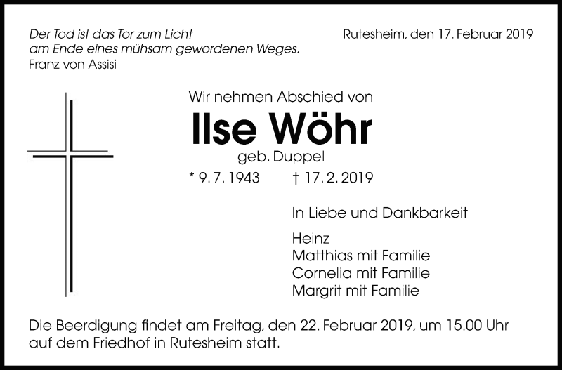  Traueranzeige für Ilse Wöhr vom 19.02.2019 aus Leonberger Kreiszeitung / Strohgäu Extra
