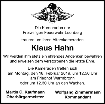 Traueranzeige von Klaus Hahn von Leonberger Kreiszeitung / Strohgäu Extra