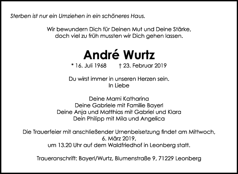  Traueranzeige für André Wurtz vom 02.03.2019 aus Leonberger Kreiszeitung / Strohgäu Extra