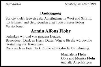 Traueranzeige von Armin Alfons Flohr von Leonberger Kreiszeitung / Strohgäu Extra